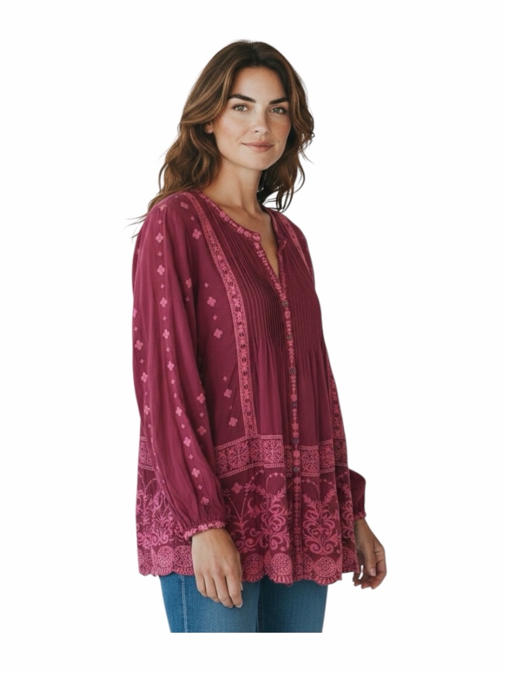 Johnny Was Red Embroidered Wine Boho Peasant Top M